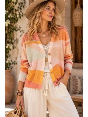 IVKO Women’s S/M Linen Cardigan Abstract Print Pink Orange Boho